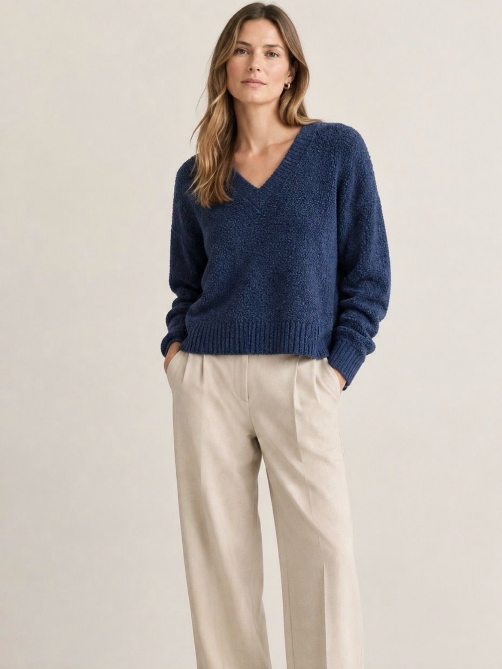 Vince Navy Blue V-Neck Bouclé Sweater